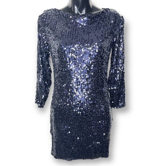 Zara Woman XS Navy Blue Sequin Open Back 3/4 Sleeve Event Party Evening Dress - Picture 1 of 11